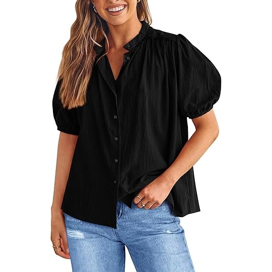 PRETTYGARDEN Womens Summer Button Down Short Lantern Sleeve V Neck Cotton Tops