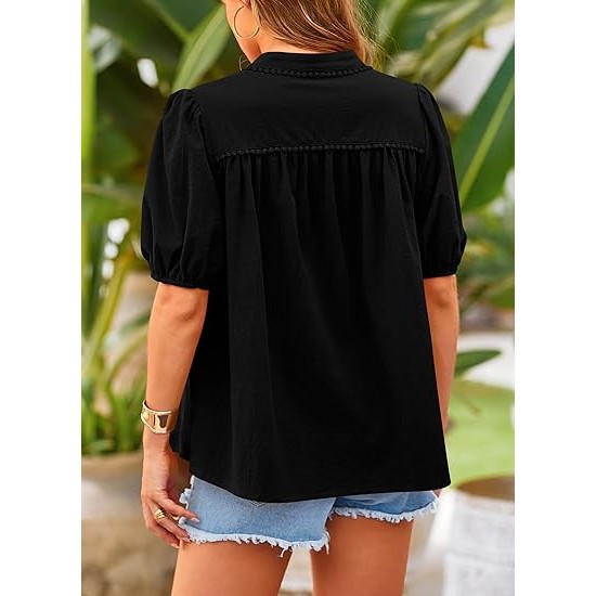 PRETTYGARDEN Womens Summer Button Down Short Lantern Sleeve V Neck Cotton Tops