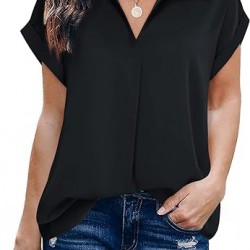 Gaharu Women's Summer Work Blouse V Neck Short Sleeve Lapel Shirt Top Tunic