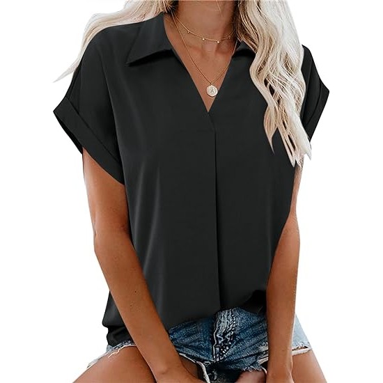 Gaharu Women's Summer Work Blouse V Neck Short Sleeve Lapel Shirt Top Tunic