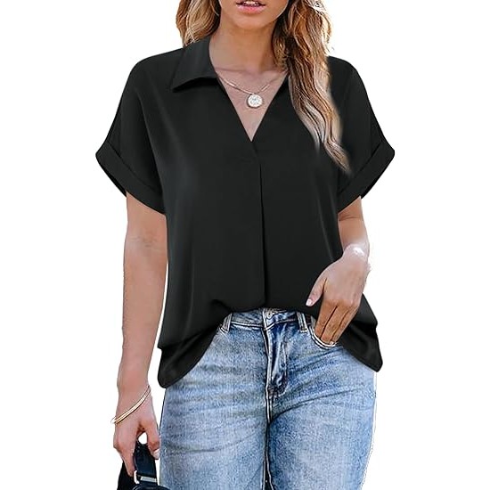 Gaharu Women's Summer Work Blouse V Neck Short Sleeve Lapel Shirt Top Tunic