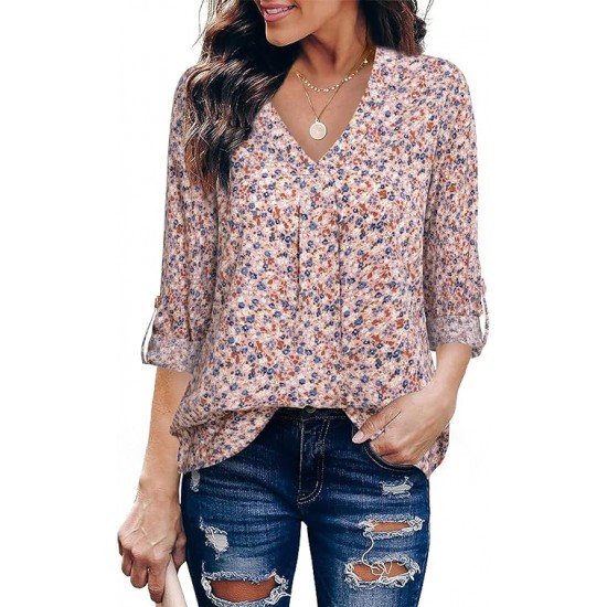 Youtalia Womens 3-4 Cuffed Sleeve Chiffon Printed V Neck Casual Blouse Shirt Tops