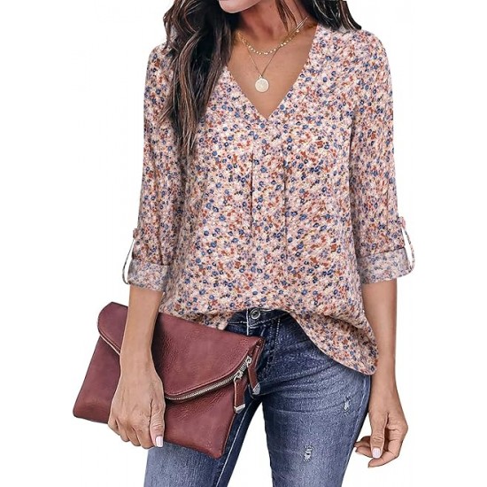 Youtalia Womens 3-4 Cuffed Sleeve Chiffon Printed V Neck Casual Blouse Shirt Tops