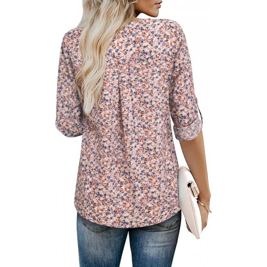 Youtalia Womens 3-4 Cuffed Sleeve Chiffon Printed V Neck Casual Blouse Shirt Tops