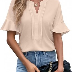 BMJL Womens White Blouses Chiffon Ruffle Short Sleeve V Neck Business Casual Tops Summer Cute Shirt