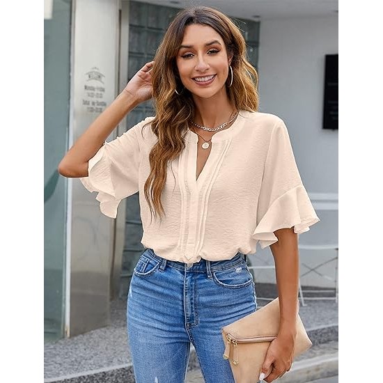 BMJL Womens White Blouses Chiffon Ruffle Short Sleeve V Neck Business Casual Tops Summer Cute Shirt