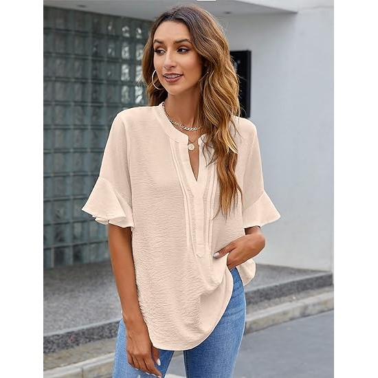 BMJL Womens White Blouses Chiffon Ruffle Short Sleeve V Neck Business Casual Tops Summer Cute Shirt