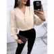 Flowyair Women's Business Casual Tops Summer Long Sleeve Silk Button Down Shirts V Neck Chiffon Blouses