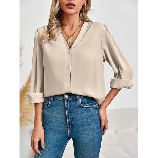 Flowyair Women's Business Casual Tops Summer Long Sleeve Silk Button Down Shirts V Neck Chiffon Blouses