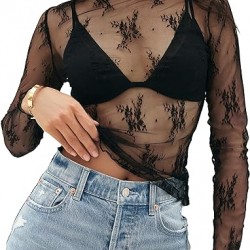 MEROKEETY 2024 Womens Mesh Sheer Long Sleeve Layering Top Mock Neck Lace Floral See Through Shirt Blouses