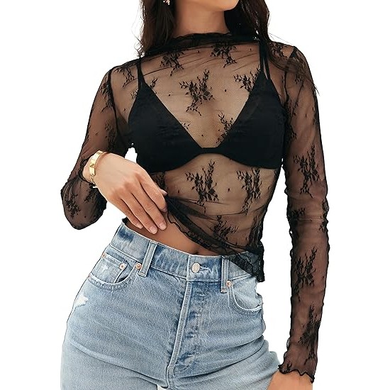 MEROKEETY 2024 Womens Mesh Sheer Long Sleeve Layering Top Mock Neck Lace Floral See Through Shirt Blouses