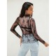 MEROKEETY 2024 Womens Mesh Sheer Long Sleeve Layering Top Mock Neck Lace Floral See Through Shirt Blouses