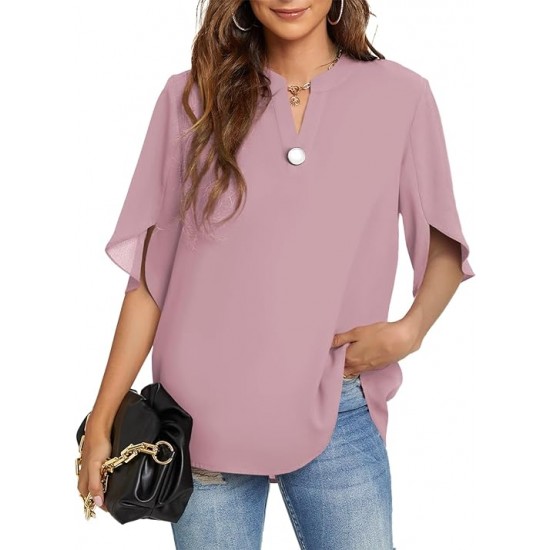 Funlingo Women's Summer Tops Short Sleeve Casual Shirts V Neck Chiffon Dressy Blouse Tops