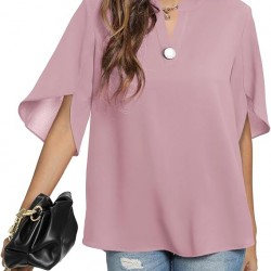 Funlingo Women's Summer Tops Short Sleeve Casual Shirts V Neck Chiffon Dressy Blouse Tops