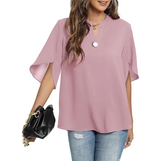 Funlingo Women's Summer Tops Short Sleeve Casual Shirts V Neck Chiffon Dressy Blouse Tops