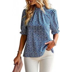 ZILIN Women's Summer Boho Floral Shirt Top Ruffle Mock Neck Puff Short Sleeve 2024 Casual Blouses