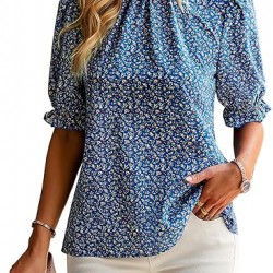 ZILIN Women's Summer Boho Floral Shirt Top Ruffle Mock Neck Puff Short Sleeve 2024 Casual Blouses