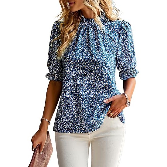 ZILIN Women's Summer Boho Floral Shirt Top Ruffle Mock Neck Puff Short Sleeve 2024 Casual Blouses