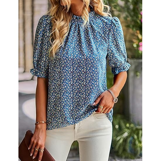 ZILIN Women's Summer Boho Floral Shirt Top Ruffle Mock Neck Puff Short Sleeve 2024 Casual Blouses