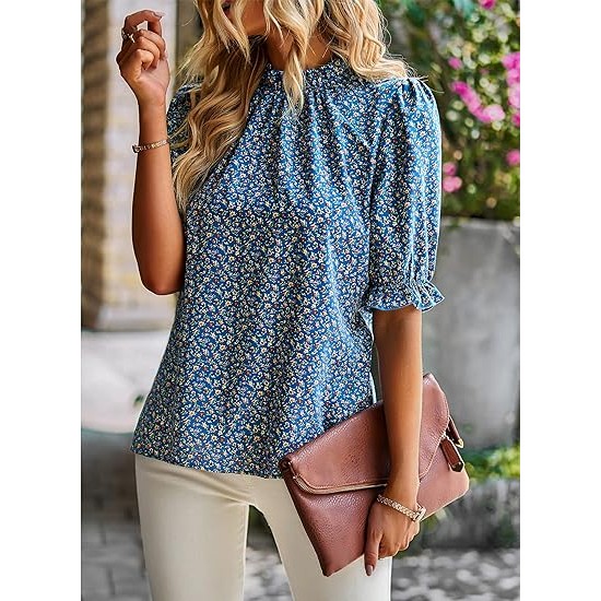 ZILIN Women's Summer Boho Floral Shirt Top Ruffle Mock Neck Puff Short Sleeve 2024 Casual Blouses