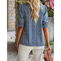 ZILIN Women's Summer Boho Floral Shirt Top Ruffle Mock Neck Puff Short Sleeve 2024 Casual Blouses