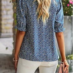 ZILIN Women's Summer Boho Floral Shirt Top Ruffle Mock Neck Puff Short Sleeve 2024 Casual Blouses