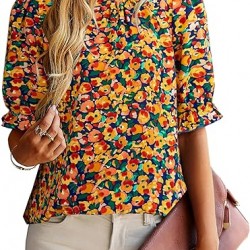 ZILIN Women's Summer Boho Floral Shirt Top Ruffle Mock Neck Puff Short Sleeve 2024 Casual Blouses