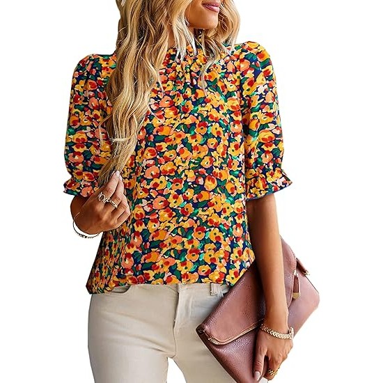 ZILIN Women's Summer Boho Floral Shirt Top Ruffle Mock Neck Puff Short Sleeve 2024 Casual Blouses