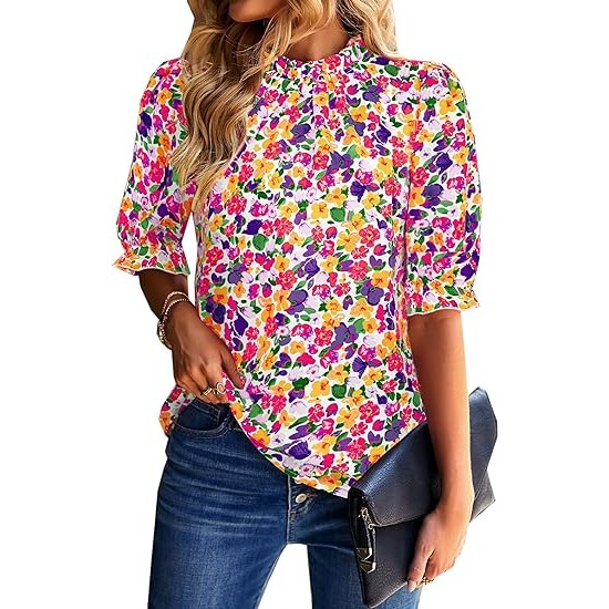 ZILIN Women's Summer Boho Floral Shirt Top Ruffle Mock Neck Puff Short Sleeve 2024 Casual Blouses