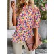 ZILIN Women's Summer Boho Floral Shirt Top Ruffle Mock Neck Puff Short Sleeve 2024 Casual Blouses