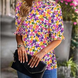 ZILIN Women's Summer Boho Floral Shirt Top Ruffle Mock Neck Puff Short Sleeve 2024 Casual Blouses