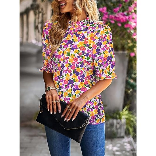 ZILIN Women's Summer Boho Floral Shirt Top Ruffle Mock Neck Puff Short Sleeve 2024 Casual Blouses