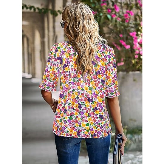 ZILIN Women's Summer Boho Floral Shirt Top Ruffle Mock Neck Puff Short Sleeve 2024 Casual Blouses