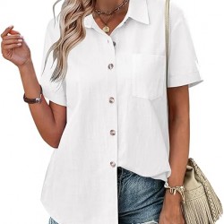 Zeagoo Womens Button Down Shirts Color Block Short Sleeve Cotton Linen Summer Causal Blouses Tops