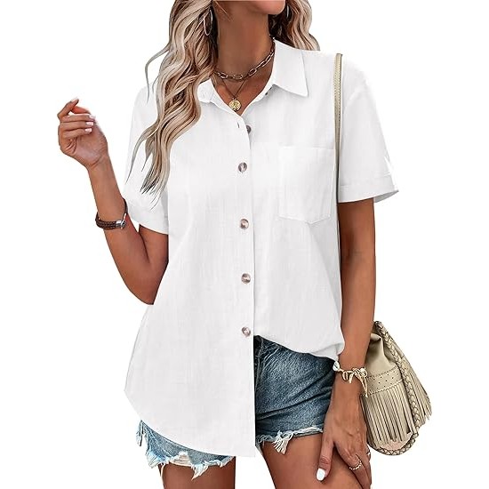 Zeagoo Womens Button Down Shirts Color Block Short Sleeve Cotton Linen Summer Causal Blouses Tops