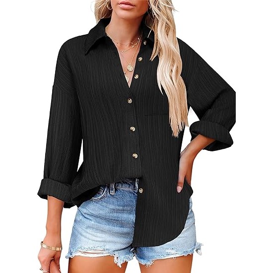 HOTOUCH Womens Button Down Shirts Casual Long Sleeve Dress Shirt Textured Collared Work Blouse Top with Pocket