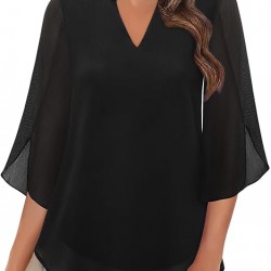 Bebonnie Womens Tops Dressy Casual Ruffle 3/4 Sleeve V Neck Double Layers Chiffon Blouses Tops