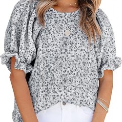 Dokotoo Floral Print Blouses for Women Crewneck Smocked Puff Sleeve Shirts Casual Babydoll Tops