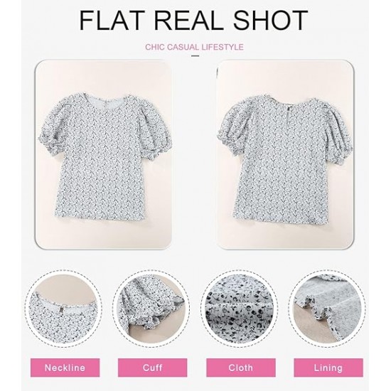 Dokotoo Floral Print Blouses for Women Crewneck Smocked Puff Sleeve Shirts Casual Babydoll Tops