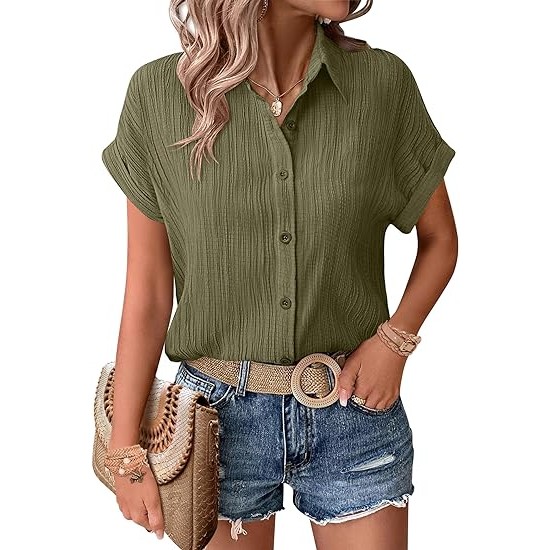 Zeagoo Womens Button Down Shirts Casual Short Sleeve Dress Shirt Textured Collared Summer Work Blouse