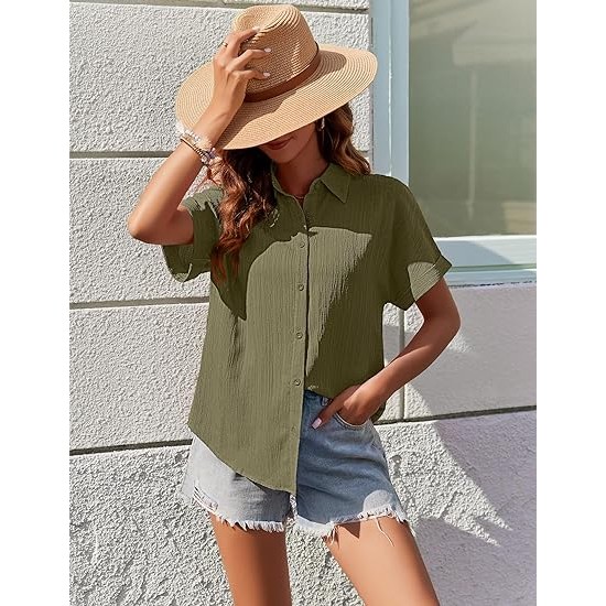 Zeagoo Womens Button Down Shirts Casual Short Sleeve Dress Shirt Textured Collared Summer Work Blouse