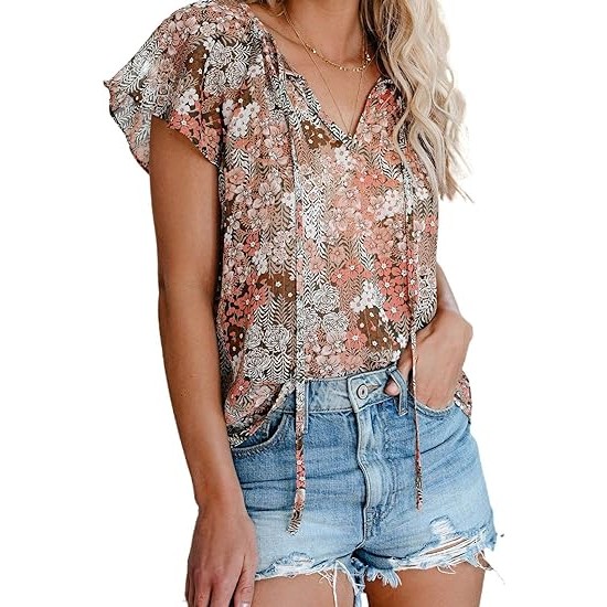 Dokotoo Women's Casual Boho Floral Printed V Neck Tops Drawstring Short Long Sleeve T Shirt Blouses