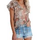 Dokotoo Women's Casual Boho Floral Printed V Neck Tops Drawstring Short Long Sleeve T Shirt Blouses