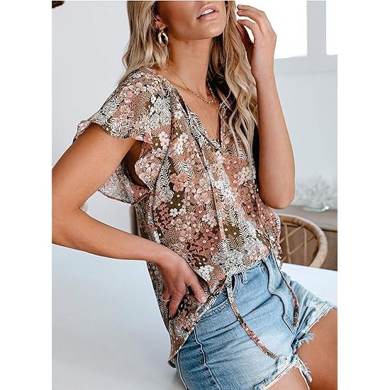 Dokotoo Women's Casual Boho Floral Printed V Neck Tops Drawstring Short Long Sleeve T Shirt Blouses