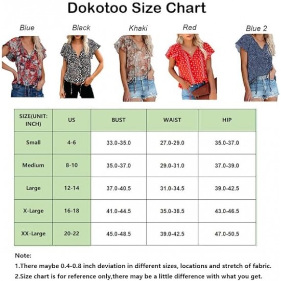 Dokotoo Women's Casual Boho Floral Printed V Neck Tops Drawstring Short Long Sleeve T Shirt Blouses