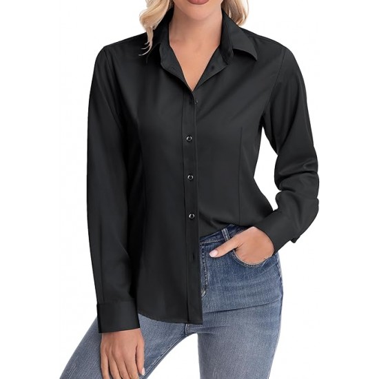 siliteelon Womens Classic-Fit Dress Shirts Long Sleeve Button Down Wrinkle-Free Stretch Solid Casual Work Office Blouse Top