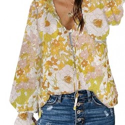 SHEWIN Women's Casual Boho Floral Print V Neck Long Sleeve Drawstring Tops Loose Blouses Button Down Shirts