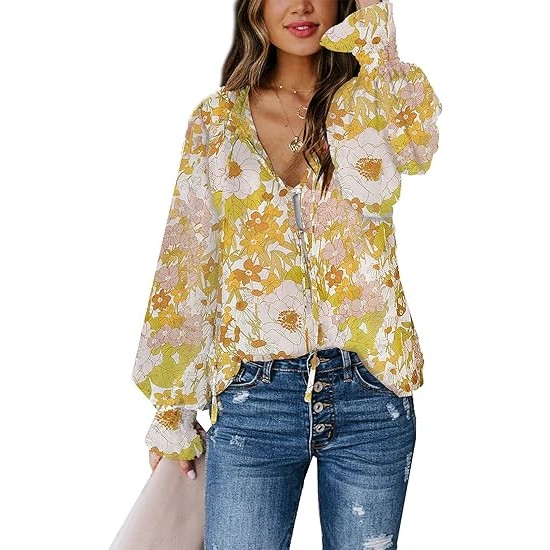 SHEWIN Women's Casual Boho Floral Print V Neck Long Sleeve Drawstring Tops Loose Blouses Button Down Shirts