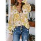 SHEWIN Women's Casual Boho Floral Print V Neck Long Sleeve Drawstring Tops Loose Blouses Button Down Shirts