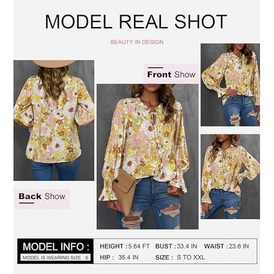 SHEWIN Women's Casual Boho Floral Print V Neck Long Sleeve Drawstring Tops Loose Blouses Button Down Shirts